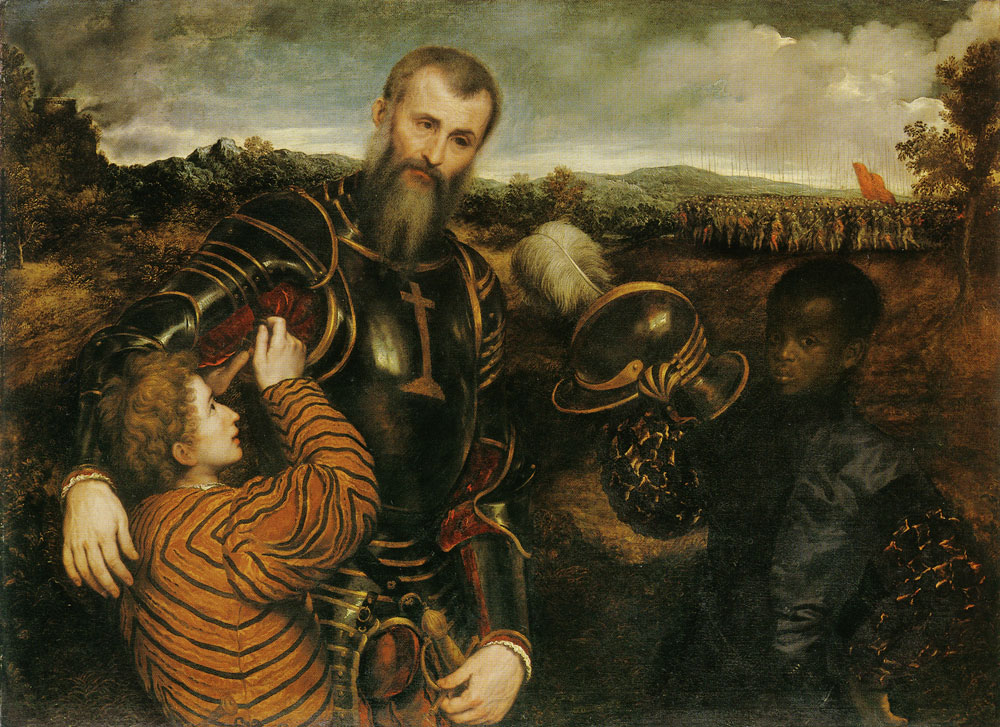 Paris Bordone - Portrait of a Man in Armor with Two Pages