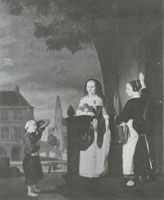 Nicolaes Maes Lady with a Maid and a Beggar Boy in Front of a Door