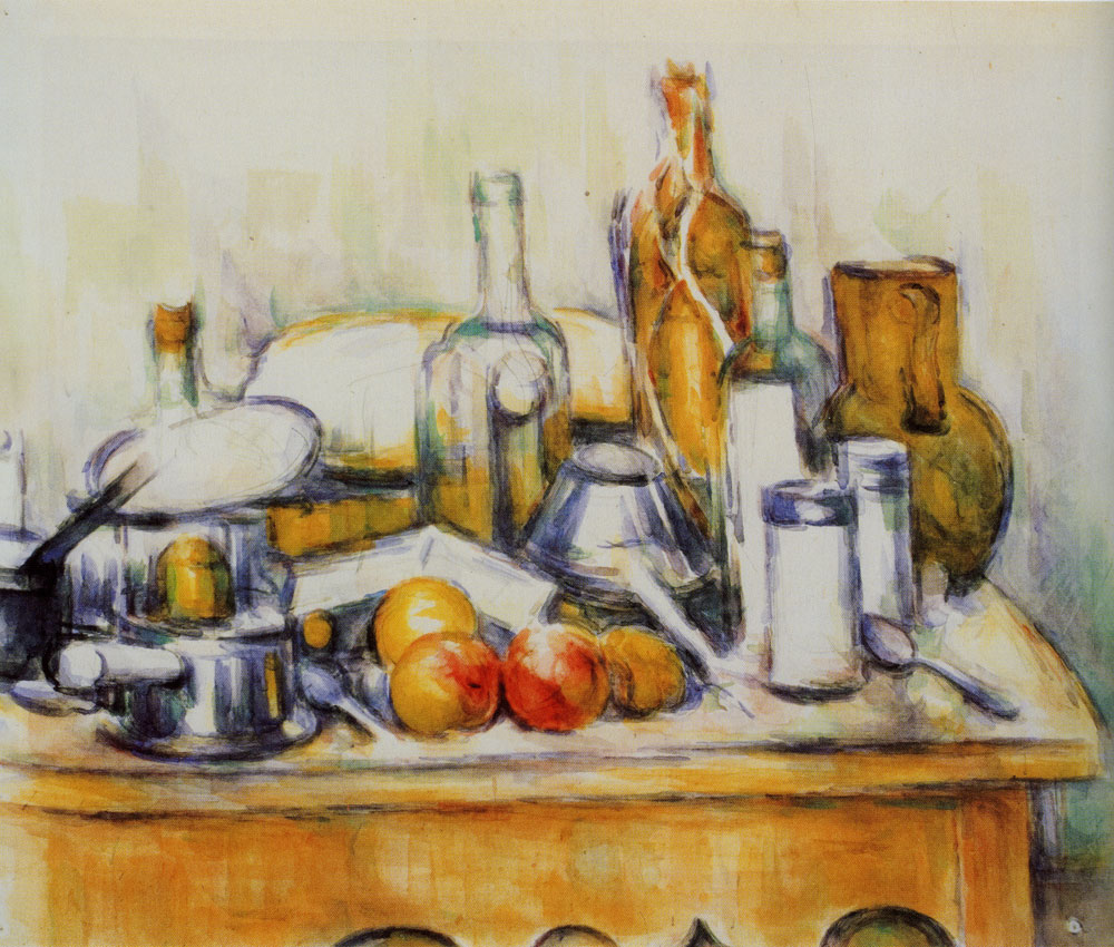 Paul Cézanne - Bottles, pots, spirit stove, and apples