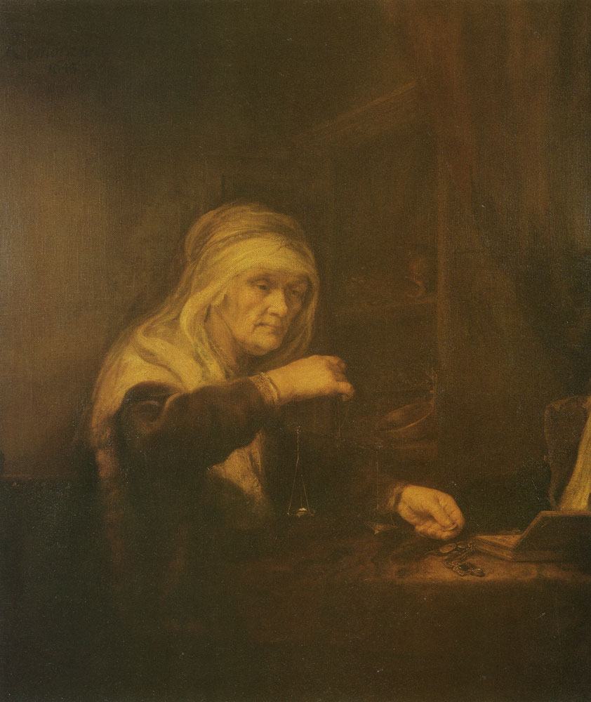 Anonymous School of Rembrandt - Woman Weighing Gold in an Interior