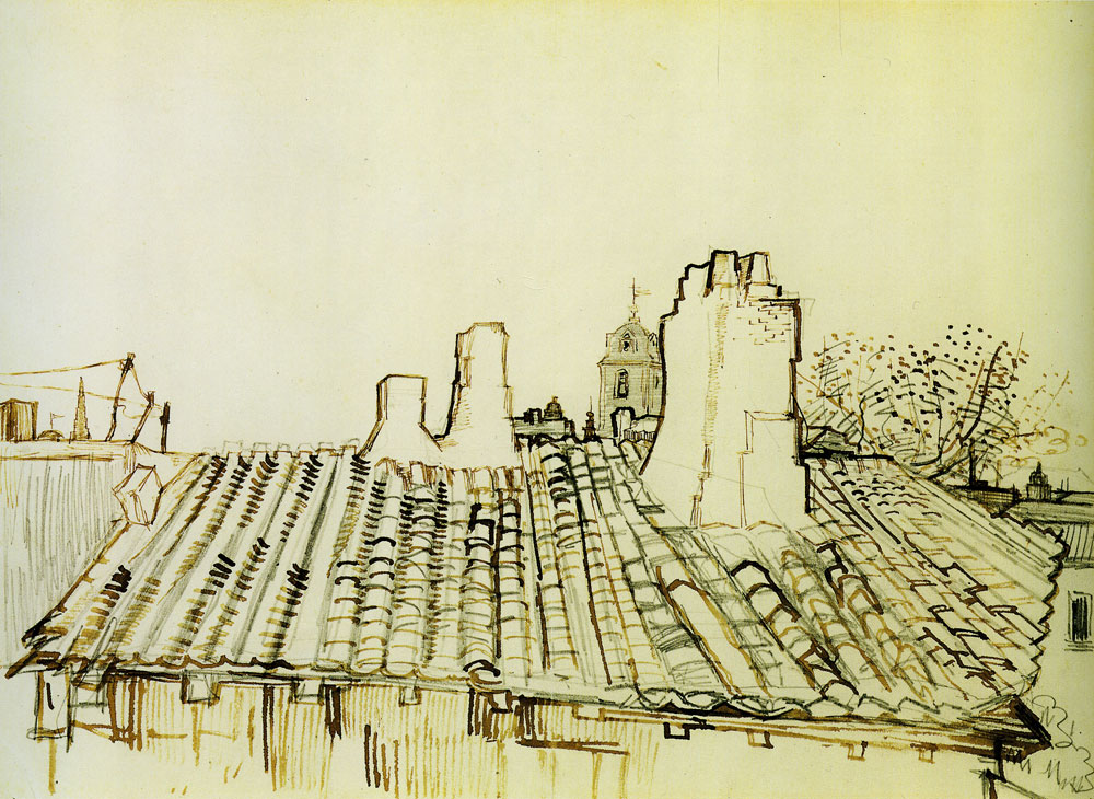 Vincent van Gogh - Tiled roof with chimneys and church tower