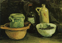Vincent van Gogh Still life with pottery, jar and bottle