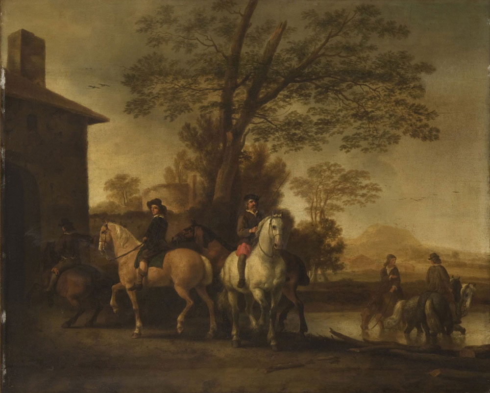 Attributed to Abraham van Calraet - Horsemen watering their horses