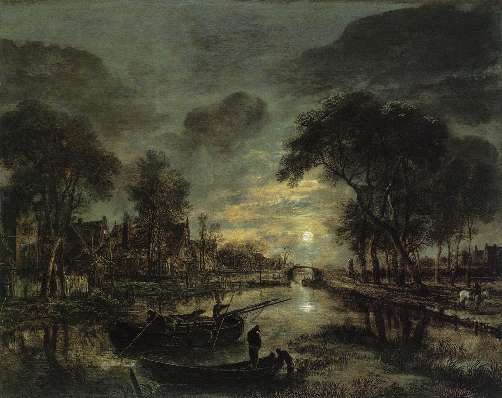 Aert van der Neer - Canal landscape by night