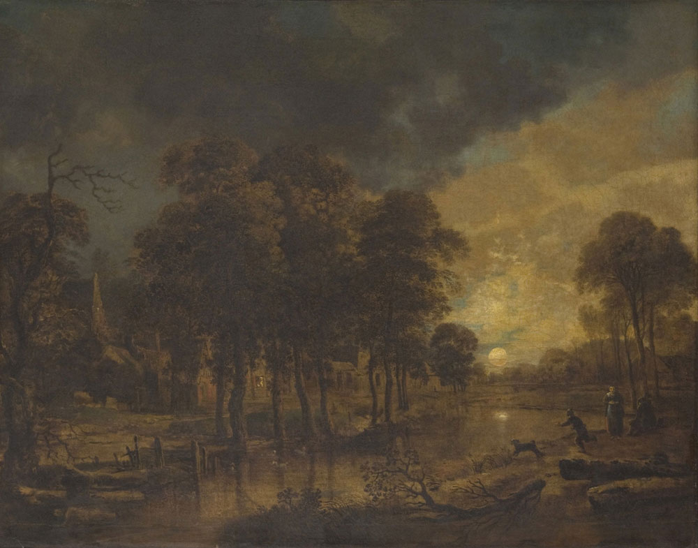 Aert van der Neer - Moonlit landscape with a brook and a village