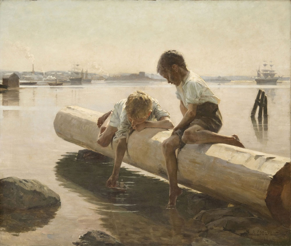 Albert Gustaf Aristides Edelfelt - Shore scene with two boys on a log (The little boat)