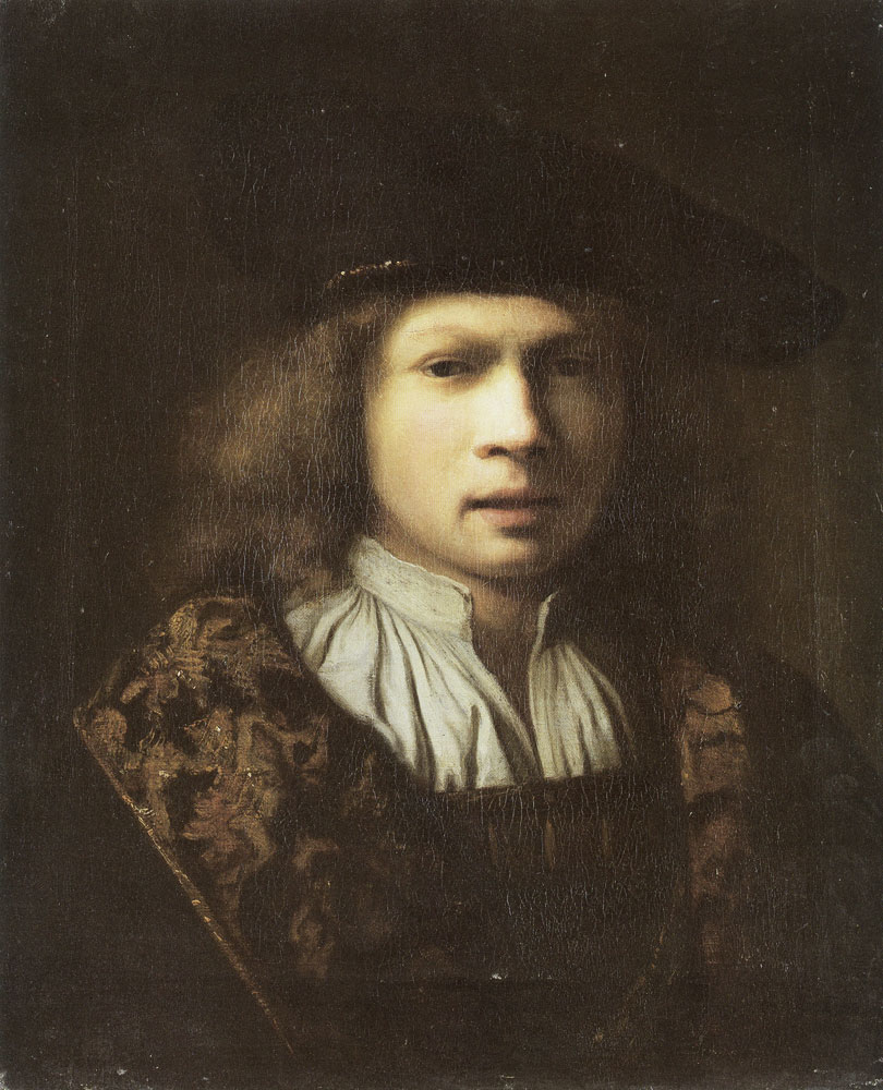 School of Rembrandt - Portrait of a man wearing a beret and a cloak trimmet with brocade