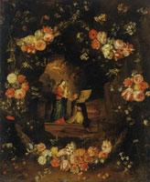 Jan van Kessel II Virgin and Child with St Ildefonso in a Garland of Flowers