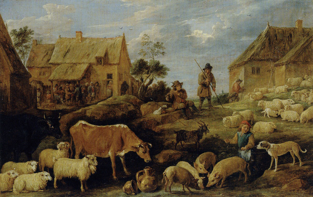 David Teniers the Younger - Landscape with a Cowherd, Pigs, Cows and Sheep