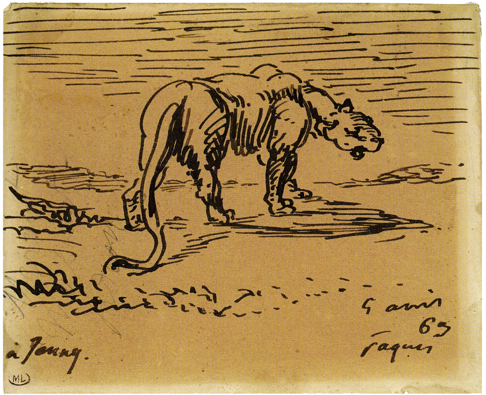 Eugène Delacroix - Feline Walking Toward the Right, in a Landscape