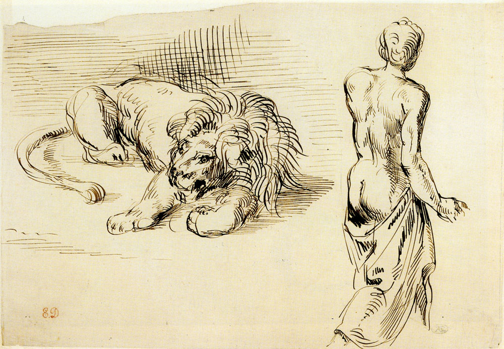 Eugène Delacroix - Reclining Lion and Semi-Nude Man, from the Back