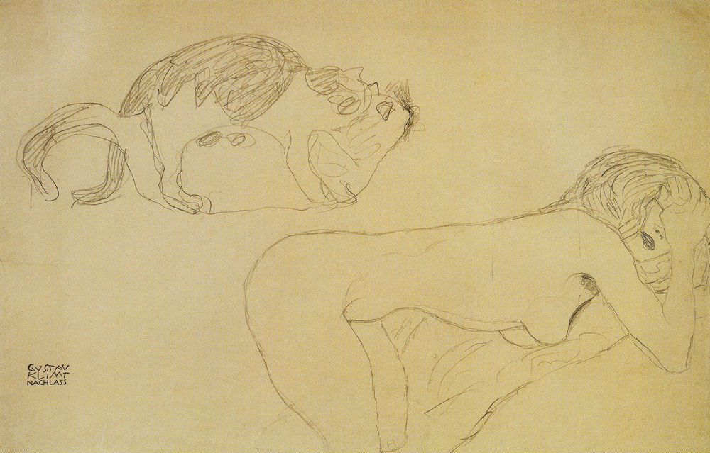 Gustav Klimt - Nude Leaning on Elbow Facing Right; Cats