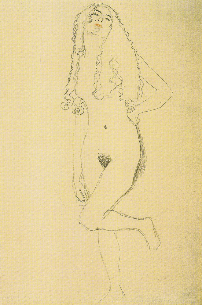 Gustav Klimt - Standing Female Nude with Long Hair and Raised Left Leg