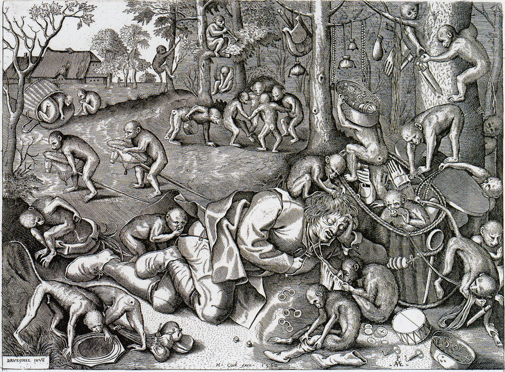 Pieter van der Heyden after Pieter Bruegel - Peddler robbed by monkeys