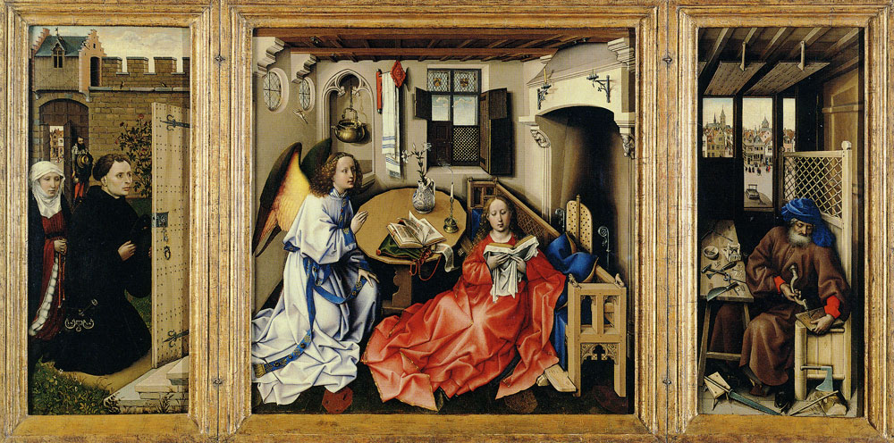 Robert Campin - The Annunciation with Saint Joseph and Couple of Donors
