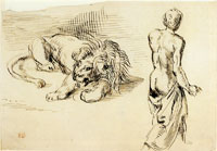 Eugène Delacroix Reclining Lion and Semi-Nude Man, from the Back