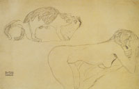 Gustav Klimt Nude Leaning on Elbow Facing Right; Cats
