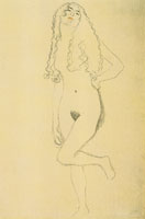 Gustav Klimt Standing Female Nude with Long Hair and Raised Left Leg