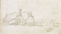 Rembrandt Landscape with two cottages thatched with straw