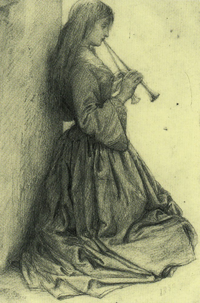 Dante Gabriel Rossetti - Elizabeth Siddal kneeling, playing a double pipe