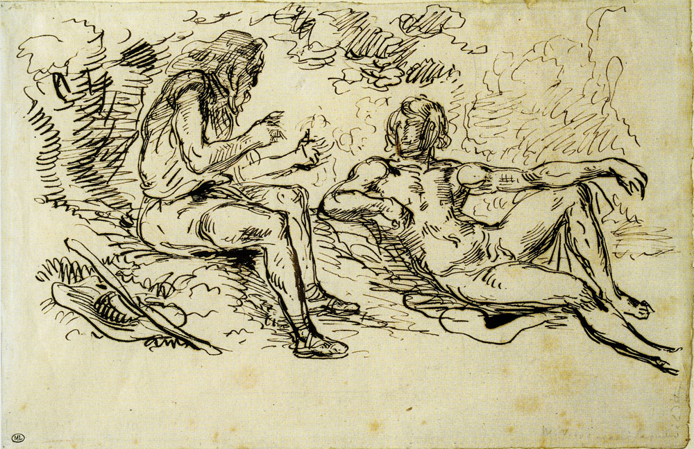 Eugène Delacroix - Old Shepherd and Nude Young Man Conversing in a Landscape