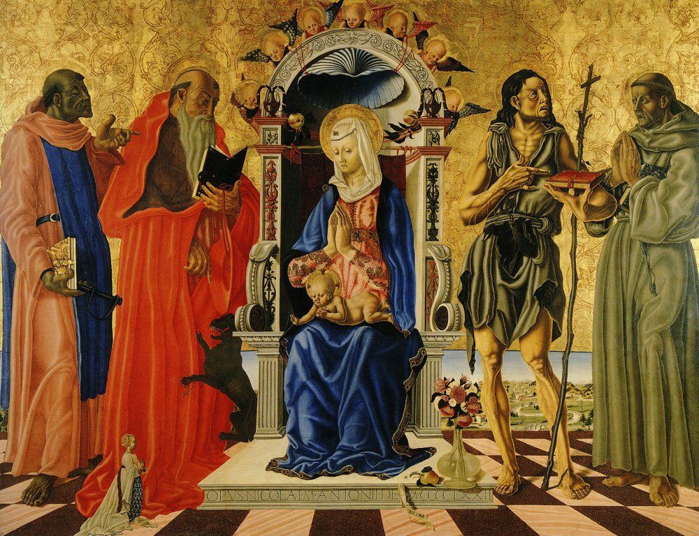 Nicola di Maestro Antonio d'Ancona - Madonna and Child Enthroned with Saints Leonard, Jerome, John the Baptist, and Francis