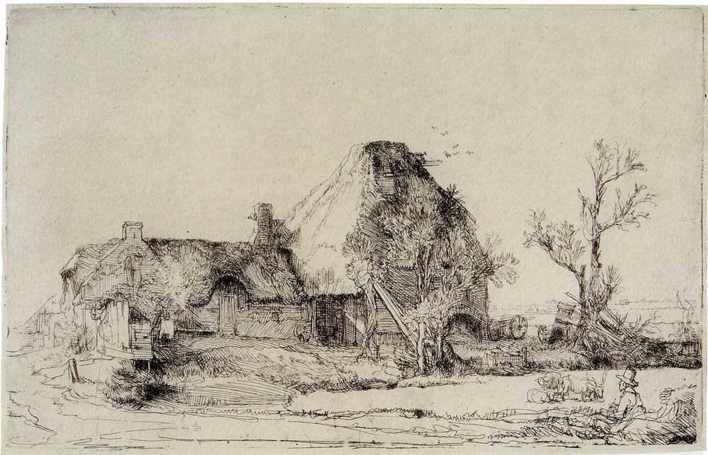 Rembrandt - Cottage and Farm Buildings with a Man Sketching