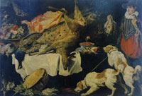 Paul de Vos Hunter with Dogs by a Table with Game and Fruit