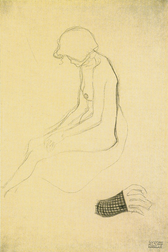Gustav Klimt - Seated Female Nude Facing Left, Face Covered by Hair, Hand Study
