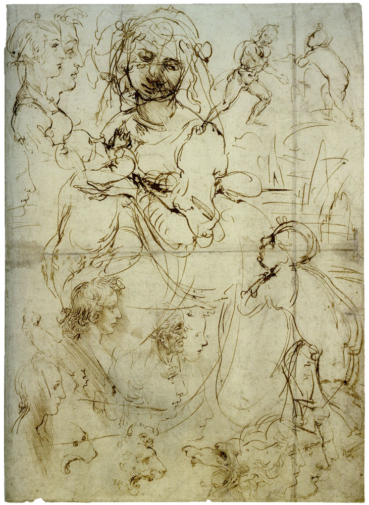 Leonardo da Vinci - Designs for a Virgin and Child with theInfant Saint John the Baptist; A Male Nude; Heads in Profile