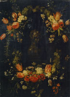 Frans Ykens (?) Garland of Flowers Around a Bust of Flora