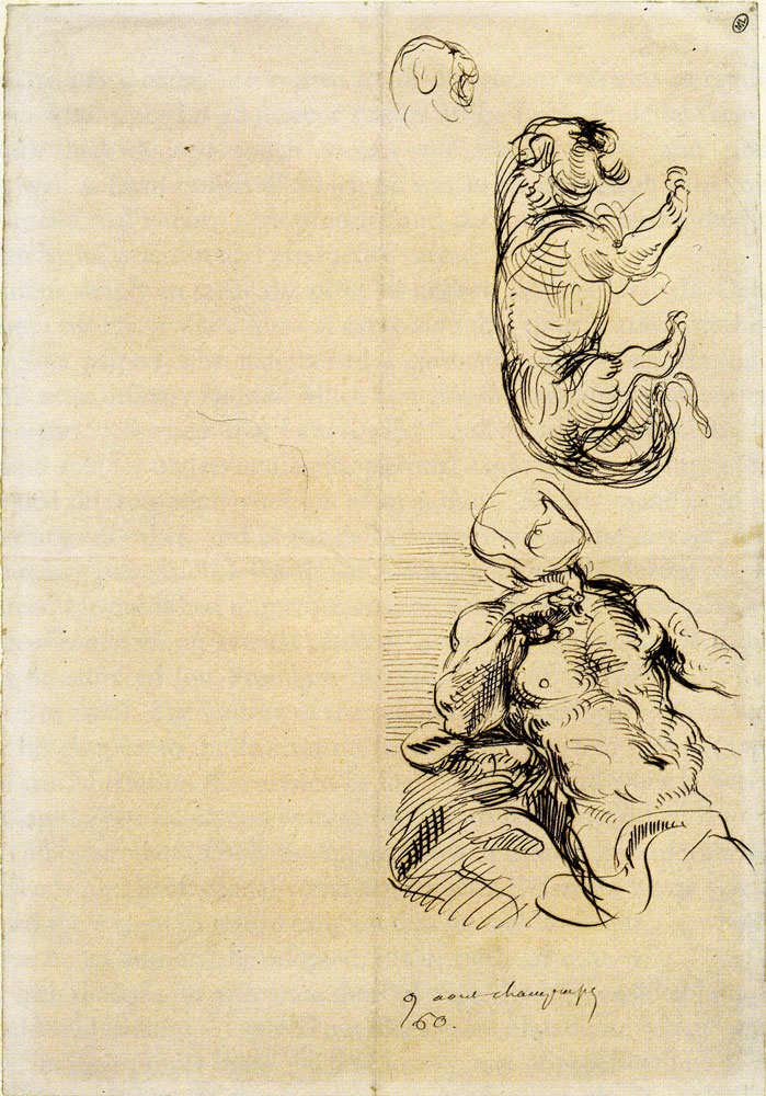 Eugène Delacroix - Sheet of Studies with Semi-Nude Man and Feline Advancing Toward the Right