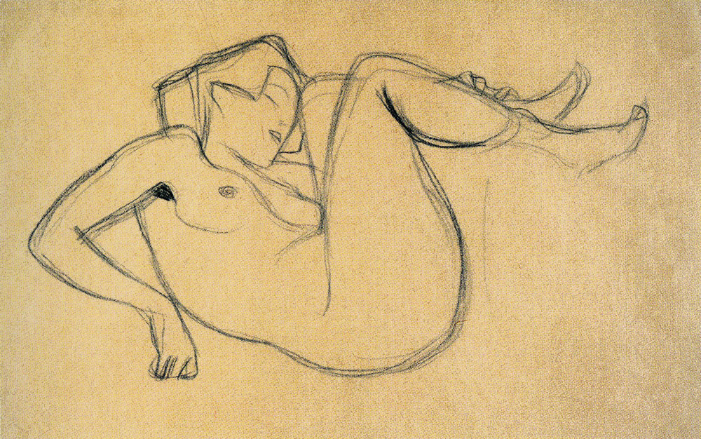 Gustav Klimt - Crouching Female Nude with Raised Thighs