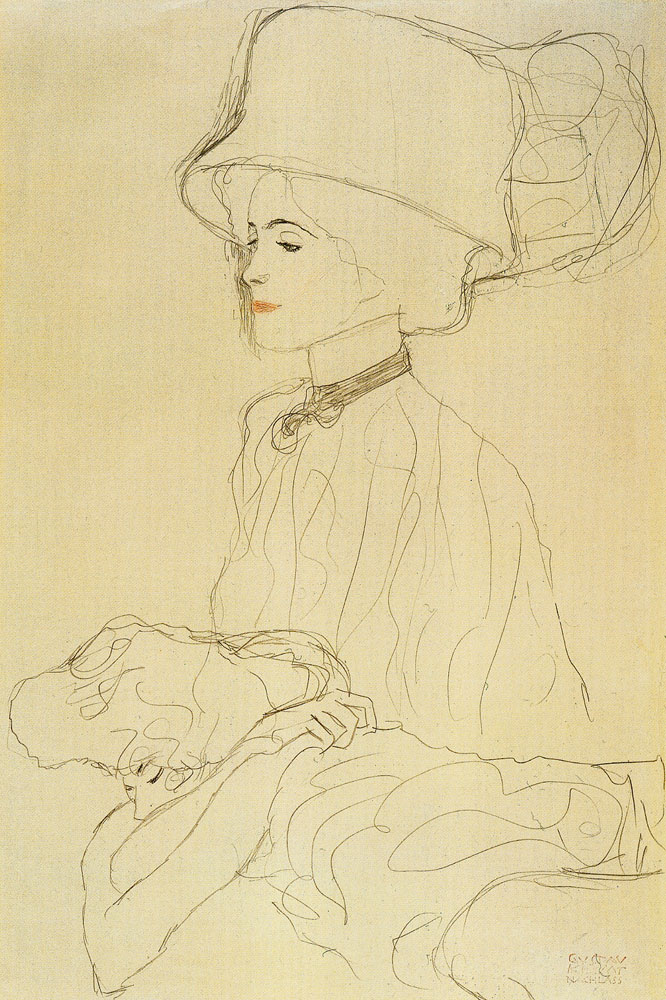 Gustav Klimt - Portrait Study of a Woman with Tall Hat and Reclining Woman