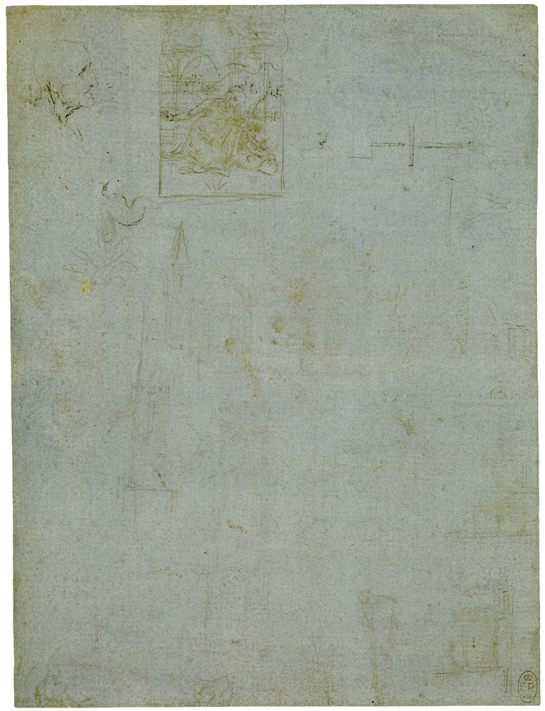 Leonardo da Vinci - Architectural Studies; Designs for an Adoration of the Christ Child; Profile of an Old Man; Designs for a Screw-press