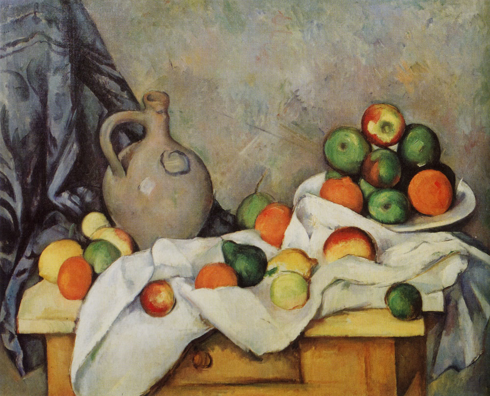 Paul Cézanne - Curtain, jug, and compotier