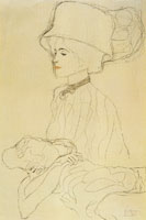 Gustav Klimt Portrait Study of a Woman with Tall Hat and Reclining Woman
