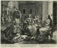Philips Galle after Hendrick Goltzius Lucretia and Her Handmaids Spinning