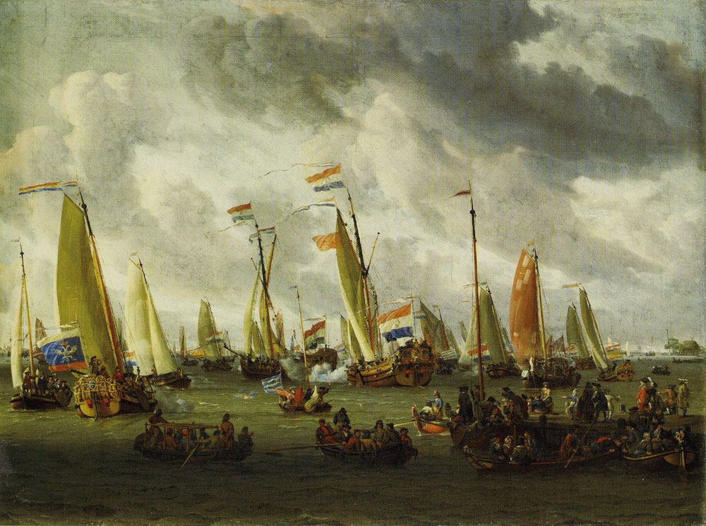 Abraham Storck - A mock sea battle on the IJ, in honour of the Russian ambassadors