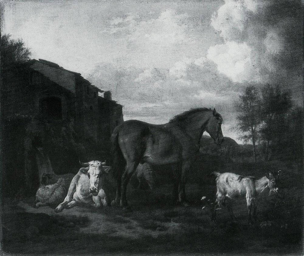 Adriaen van de Velde - A Bay Horse, a Cow, a Goat and Three Sheep near a Building