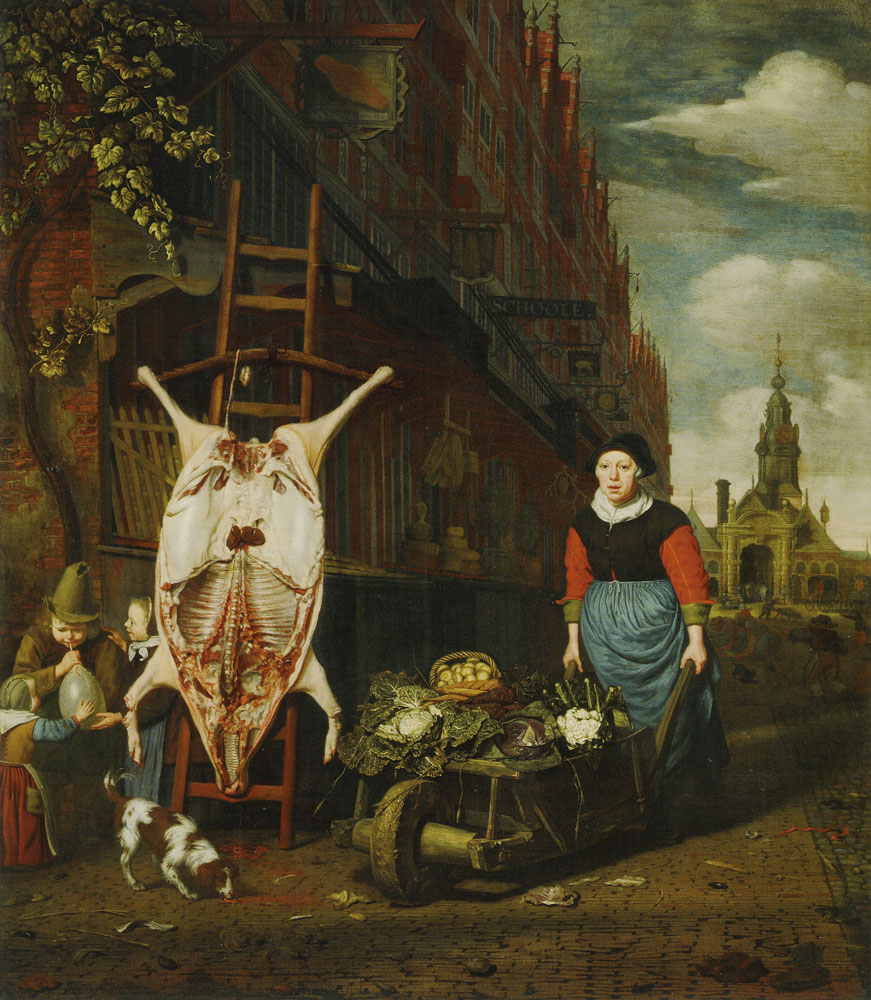 Michiel van Musscher - The Haarlemmerdijk with a pig on a stepladder