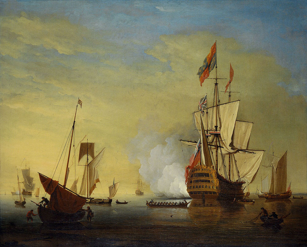 Peter Monamy - Harbour Scene: An English Ship with Sails Loosened Firing a Gun