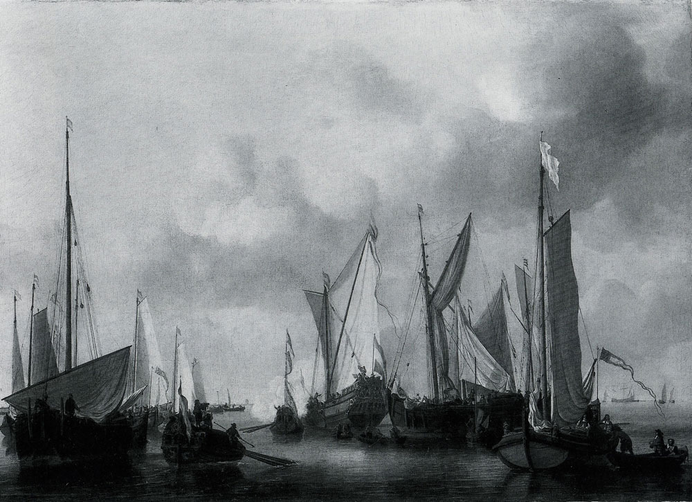 Willem van de Velde the Younger - A Dutch Yacht, surrounded by Many Small Vessels, saluiting as Two Barges pull alongside