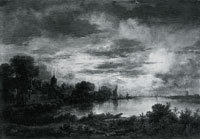 Aert van der Neer A Village by a River in Moonlight