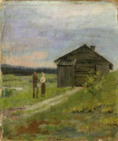 Edvard Munch Landscape with a Small House and Two People