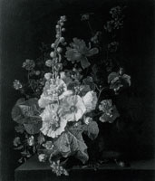 Jan van Huysum Hollyhocks and Other Flowers in a Vase