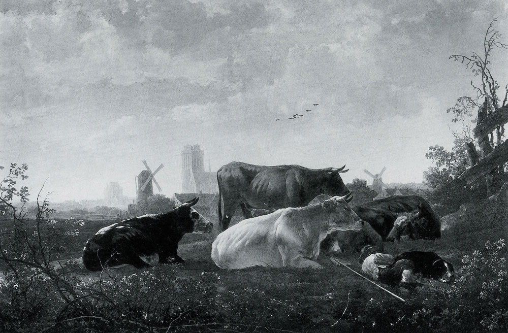 Aelbert Cuyp - A Distant View of Dordrecht, with a Sleeping Herdsman and Five Cows