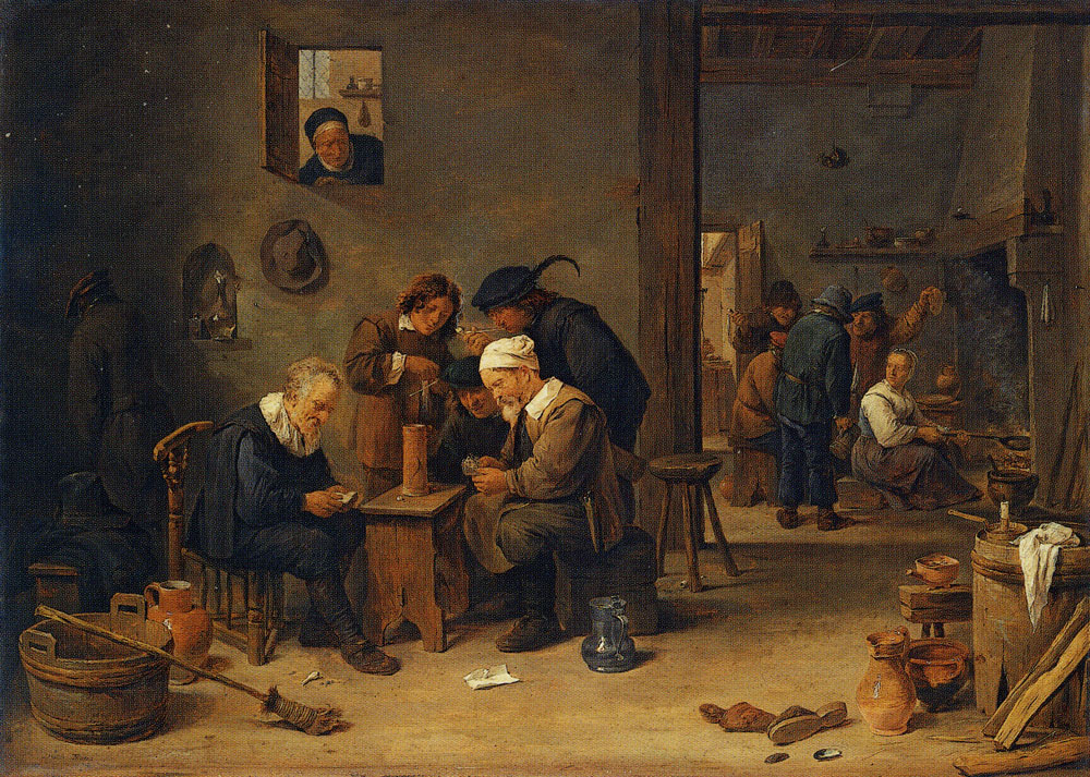 David Teniers the Younger - Two Men Playing Cards in the Kitchen of an Inn