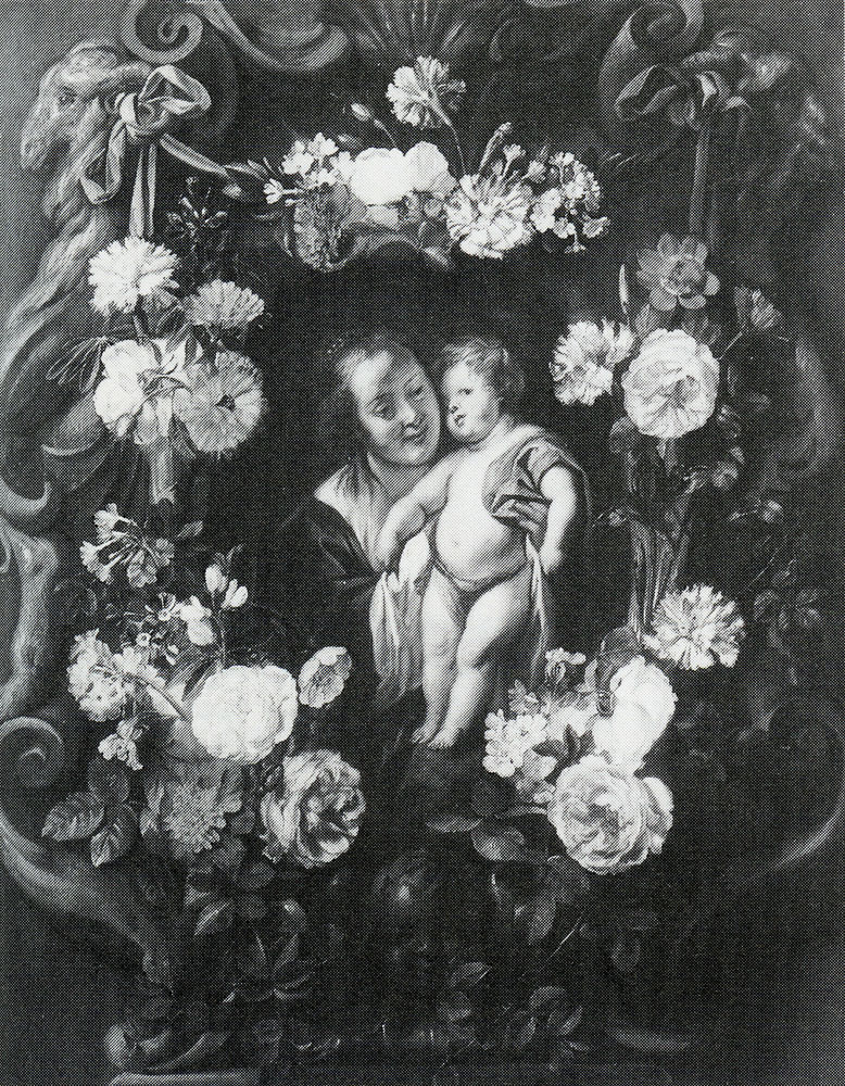 Studio of Jacon Jordaens - The Virgin and Child in a Cartouche Decorated with Flowers