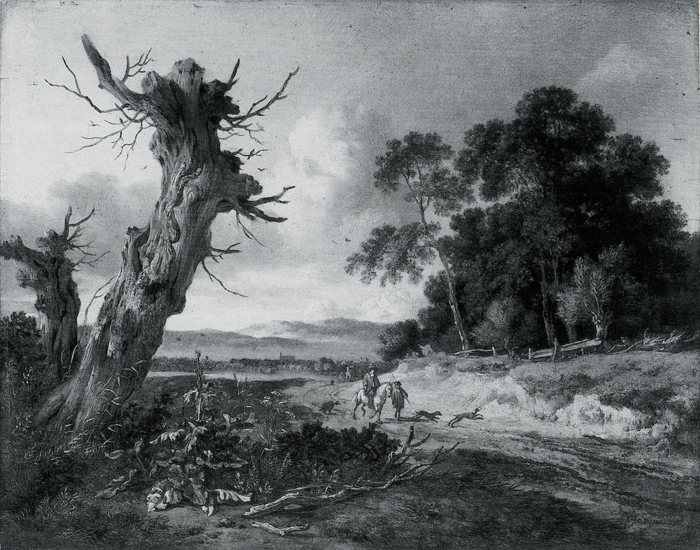 Jan Wijnants - A Landscape with Two Dead Trees, and Two Sportsmen with Dogs on a Sandy Road